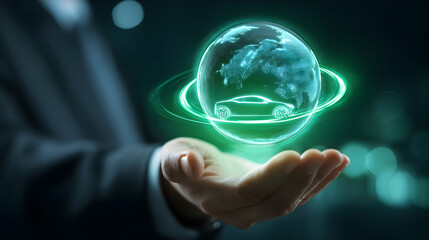Futuristic holographic globe with car design, held in hand, showcasing innovative technology concept