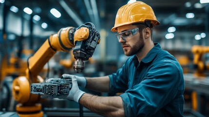 A worker wearing a protective helmet and goggles adjusts a robotic manipulator on a production line.
Suitable for articles on industry, automation, innovations in manufacturing, or for demonstrating  