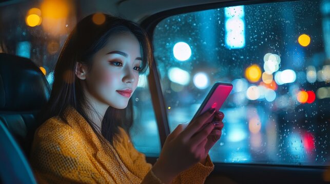 A young woman in a yellow sweater looks at her phone in a car at night, with city lights and raindrops visible outside the window.
Perfect for articles about city life, modern technology,
