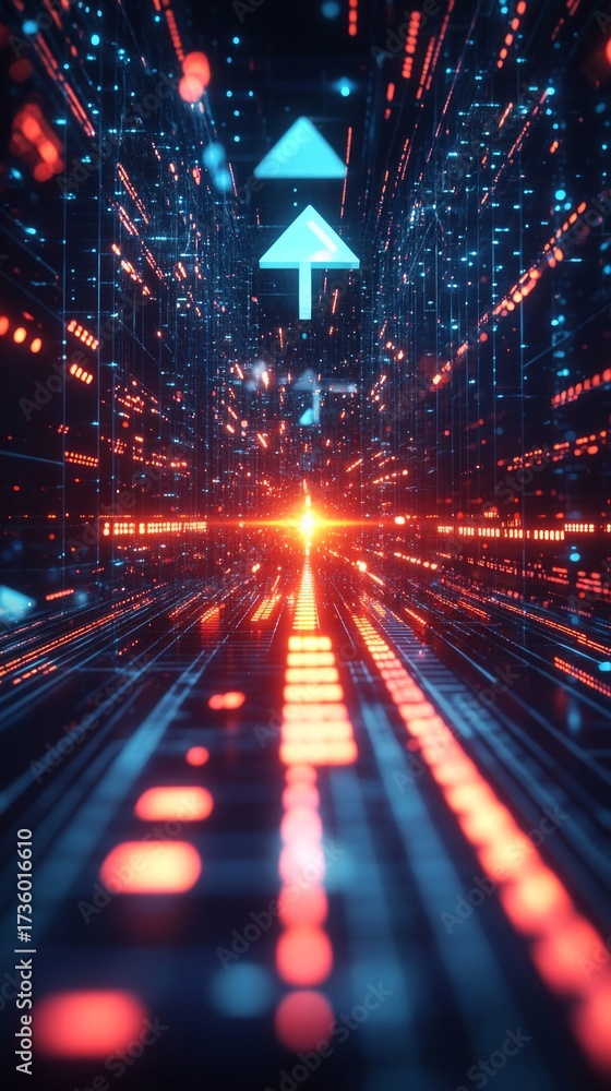 Wall mural a futuristic digital corridor with blue light and an upward arrow. an abstract visualization of tech