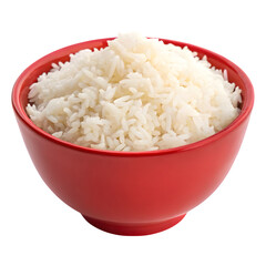 A vibrant red bowl filled with fluffy white cooked rice isolated on transparent background