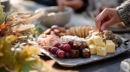Platter of food on a wooden table. the platter is made of metal and is filled with a variety of different types of cheese, crackers, and fruits.