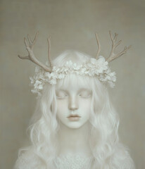 Girl with White Hair and Antler Crown. Generative AI