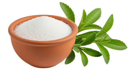 Isolated image of natural sweetener with Stevia leaves in a clay bowl against white, plant