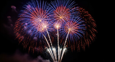 Spectacular bouquet of red, white, and blue fireworks exploding in a grand finale against the black night sky for a festive holiday celebration.