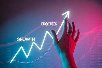 Close up of a human hand with a ring touching a glowing neon arrow graph indicating growth and progress against a vibrant pink and blue gradient background