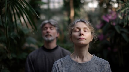 Fototapeta premium Man and a woman standing in a garden with their eyes closed. the woman is on the right side of the image, with her head tilted back and her eyes closed, as if she is in a meditative state.