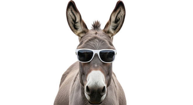 Isolated donkey wearing white-rimmed sunglasses, funny farm animal portrait with long ears