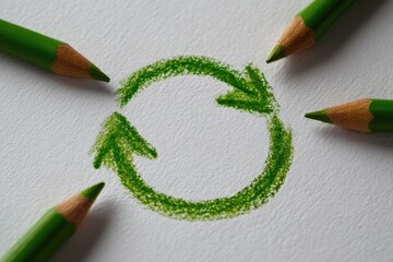 Green recycling symbol drawn with colored pencils on white paper