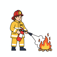 Dedicated firefighter actively puts out a fire with a red extinguisher, promoting fire safety