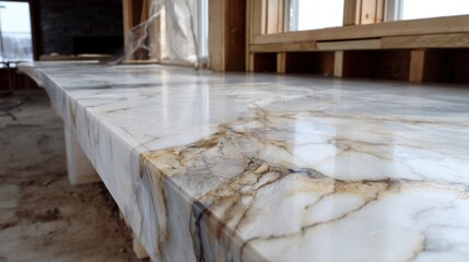 Long, rectangular table with a marble-like surface. the table appears to be in the process of being built, as there are wooden planks and a window visible in the background.