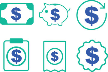 Finance Dollar Icon Set, Banking and Money Management Symbols, Payment, Piggy Bank, Currency Exchange, Investment, Financial Service Vector Illustration.