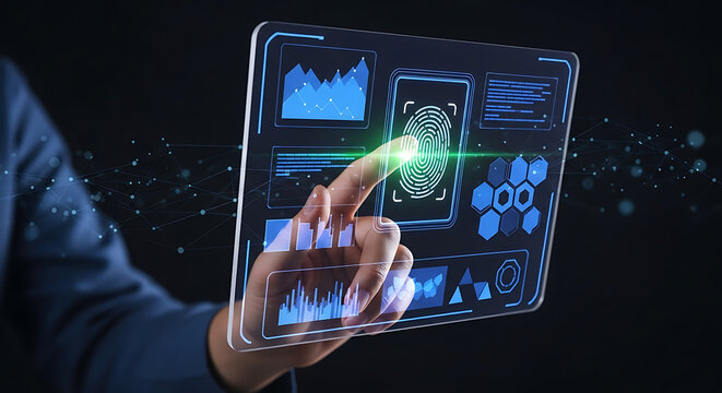 Futuristic fingerprint scan on transparent interface with data analytics and network connections, unlocking digital security and innovation