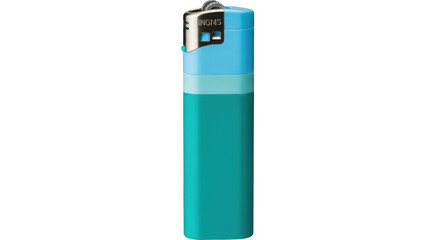 Isolated turquoise and light blue disposable lighter, brand INGMS on top, safety first