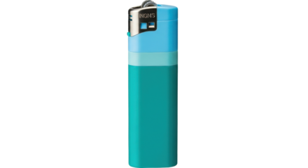 Isolated turquoise and light blue disposable lighter, brand INGMS on top, safety first