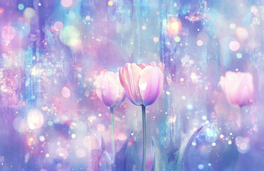Magical Pink Tulips and Sparkling Background. Generative AI