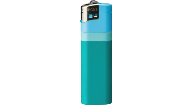 Isolated turquoise and light blue disposable lighter, brand INGMS on top, safety first