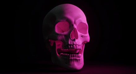 Human skull illuminated with vibrant pink light against dark background conceptual still life