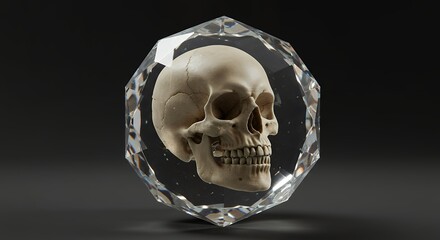 Human skull encased in geometric shape symbolizing mortality and study