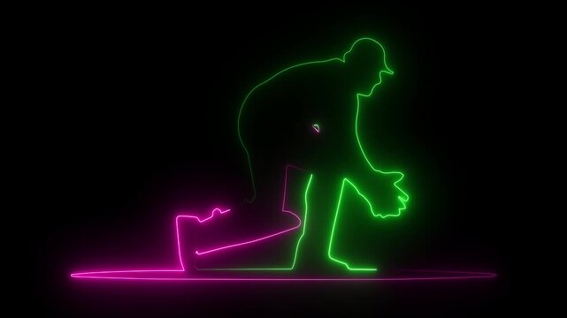 Neon glowing cricket wicket keeper in action catching ball behind stumps, on a black background.