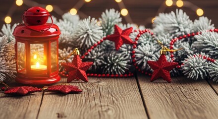 Decorative Christmas Scene with Red Lantern Sparkling Pine Branches and Red Star Ornaments
