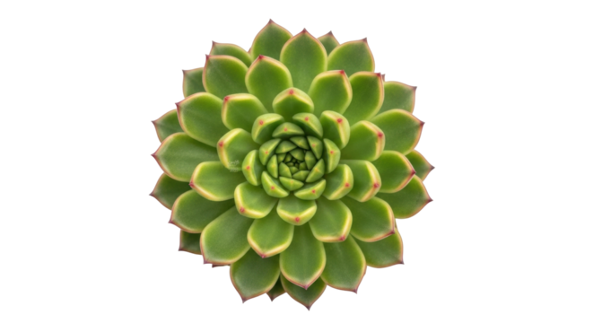 Isolated green Echeveria succulent plant with dark red tips from above, no background