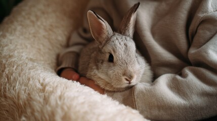 Naklejka premium Close-up of a small rabbit lying on a beige blanket. the rabbit is resting its head on the blanket, with its ears perked up and its eyes looking directly at the camera.