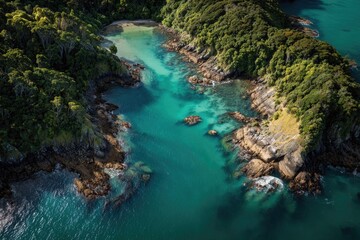 Coastal cove, turquoise water, lush greenery