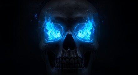 Skull with glowing blue eyes against a dark background concept image