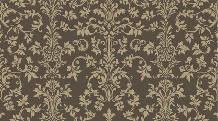 Elegant damask floral pattern in beige on a dark brown background.