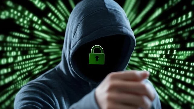 Man in hoodie with green padlock. Cyber security concept for digital device protection. Computer system hacked by unknown person for technology background in internet crime.