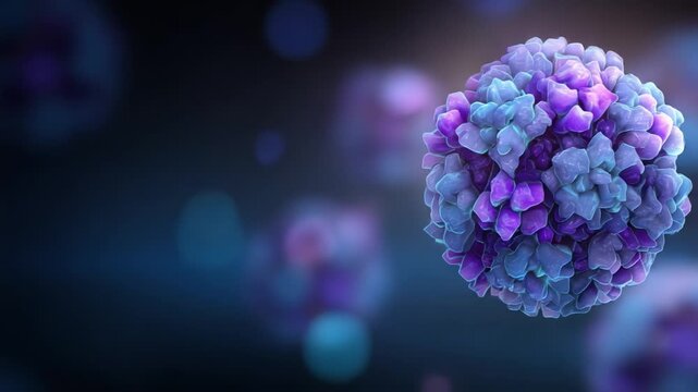 A Stunning Visualization of Cellular Structures: Dynamic Representation of Virus-Like Particles in Vivid Purples and Blues Highlighting Biological Intricacies