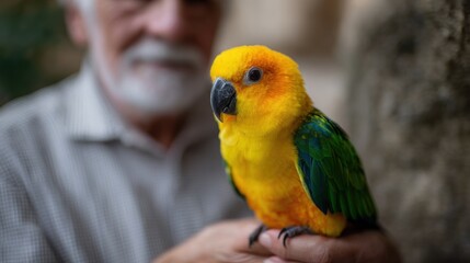 Obraz premium Elderly man with a white beard and mustache holding a small yellow and green parrot in his hand. the parrot is perched on the man's arm and is looking directly at the camera.