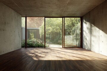 Obraz premium A spacious interior with large windows showcasing a serene garden. Natural light bathes the room, creating a calm and tranquil atmosphere.