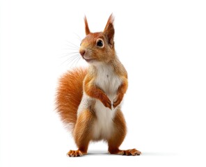 Red squirrel standing upright against white background