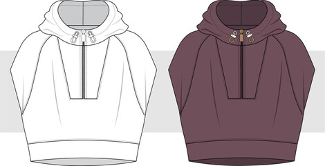 Hooded Vest Jacket technical fashion Illustration. Vest Jacket with half zipper, vector. Front view, Unisex CAD mockup set. © gulsenbozkurt