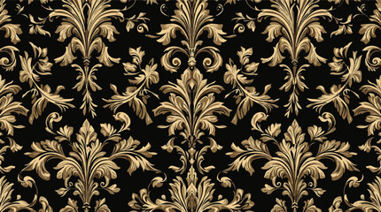 Ornate gold damask pattern on a black background seamless wallpaper design vector illustration.