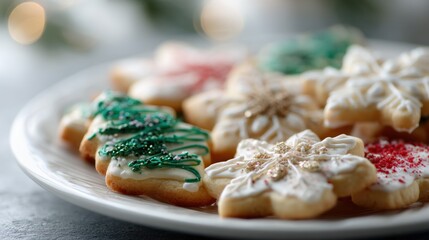 Plate of decorated sugar cookies on a white plate. the cookies are arranged in a circular pattern on the plate, with some overlapping each other.