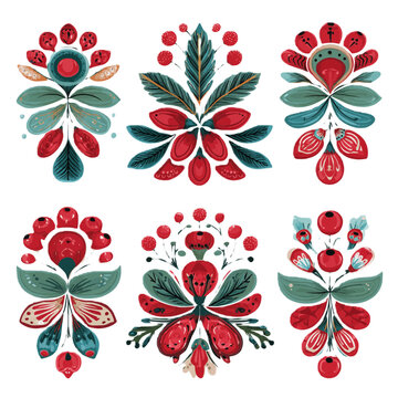 Set of 9 Ukrainian folk vector ornaments. Traditional kalyna berries and rushnyk patterns in flat minimalist vector style with bold outlines.