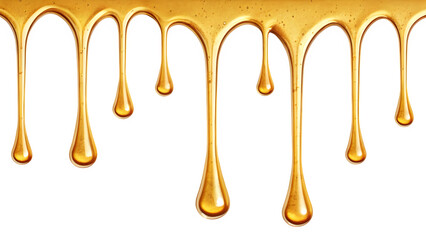 Molten gold liquid dripping in thick strands and drops abstract background isolated on transparent background