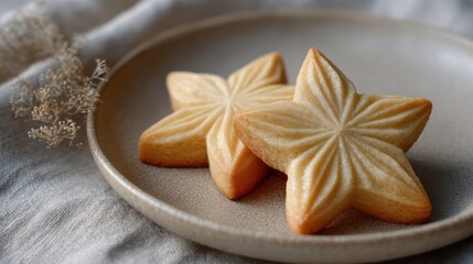 Two star-shaped cookies on a beige plate. the cookies are light brown in color and have a smooth texture.