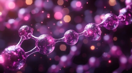 Close-up visualization of shiny purple molecular structure with bokeh lights background.