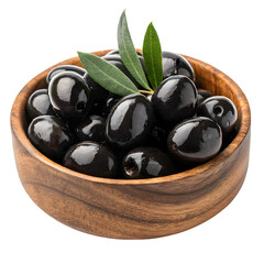 A wooden bowl filled with ripe black olives and fresh green olive leaves isolated on transparent background