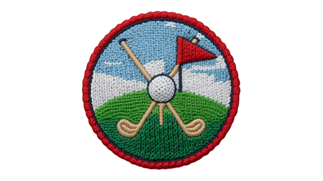 Knitted Embroidery Golf Logo – Circular Emblem, Transparent Background