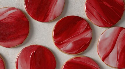 Group of round, red-colored cookies arranged in a scattered pattern on a white surface. the cookies appear to be freshly baked and have a glossy finish.