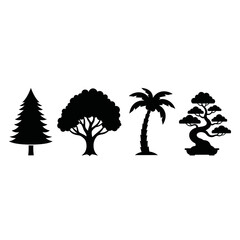 Silhouette illustrations of various trees, including a pine, deciduous, palm, and bonsai.