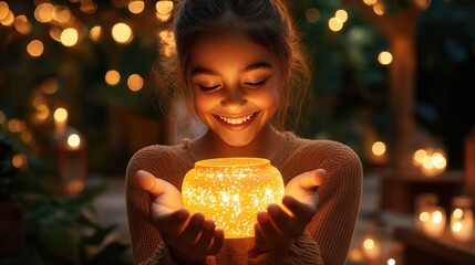Naklejka premium Young girl holding glowing jar lights with warm fairy lights background.