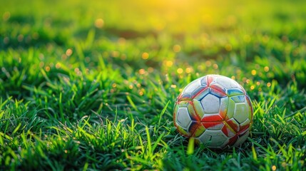 Fototapeta premium Close-up of a soccer ball on the field, on a green grass surface. The concept of sports and competitions.