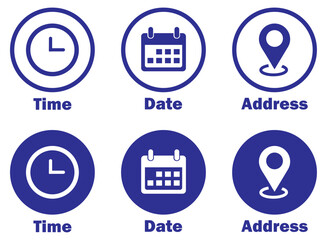 Time, date and address icons in blue color on white background. Calendar, time, clock, address, location icon set.  time, date, address, location, map, pin, navigation, vector