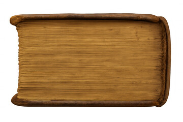 Old leather bound book with aged yellowed pages, closed and resting, transparent background, knowledge concept